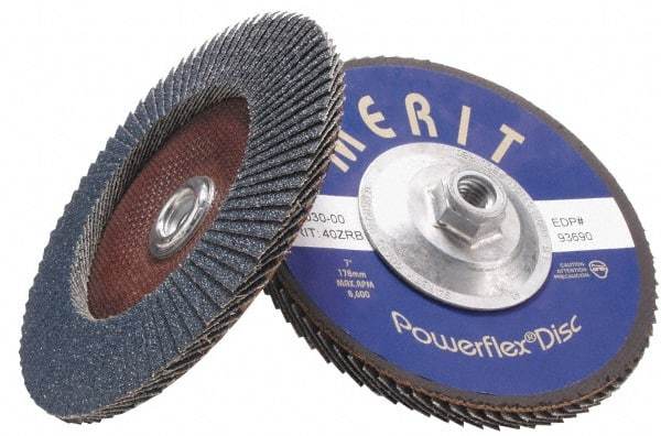 Merit Abrasives - 24 Grit, 4-1/2" Disc Diam, 5/8-11 Center Hole, Type 27 Zirconia Alumina Flap Disc - 13,300 Max RPM, Fiberglass Backing, Arbor Attaching System, Coated - Americas Industrial Supply