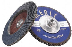 Merit Abrasives - 60 Grit, 7" Disc Diam, 5/8-11 Center Hole, Type 27 Zirconia Alumina Flap Disc - 8,600 Max RPM, Fiberglass Backing, Arbor Attaching System, Coated - Americas Industrial Supply