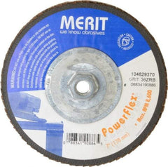 Merit Abrasives - 36 Grit, 7" Disc Diam, 5/8-11 Center Hole, Type 27 Zirconia Alumina Flap Disc - 8,600 Max RPM, Fiberglass Backing, Arbor Attaching System, Coated - Americas Industrial Supply