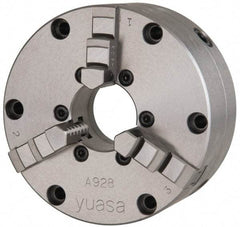 Yuasa - 3 Jaws, 4" Diam, Self Centering Manual Lathe Chuck - Plain Back Mount Spindle, Adjustable, 1.2598" Through Hole Diam, 0.0005" Axial Runout, Cast Iron - Americas Industrial Supply
