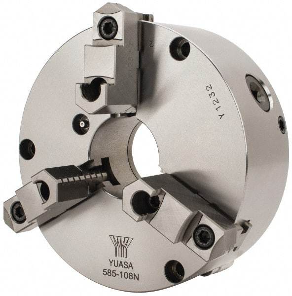 Yuasa - 3 Jaws, 8" Diam, Self Centering Manual Lathe Chuck - Plain Back Mount Spindle, Adjustable, Reversible, 2.4803" Through Hole Diam, 0.0005" Axial Runout, Cast Iron - Americas Industrial Supply