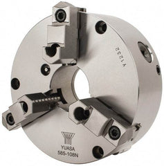 Yuasa - 3 Jaws, 8" Diam, Self Centering Manual Lathe Chuck - Plain Back Mount Spindle, Adjustable, Reversible, 2.4803" Through Hole Diam, 0.0005" Axial Runout, Cast Iron - Americas Industrial Supply