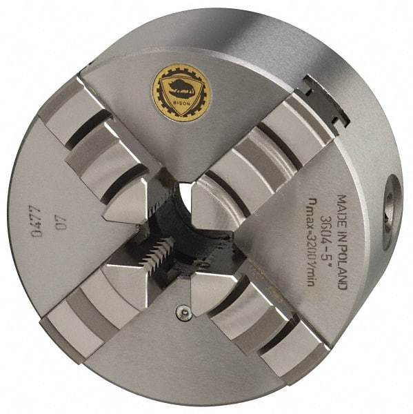 Bison - 4 Jaws, 6" Diam, Self Centering Manual Lathe Chuck - Plain Back Mount Spindle, 3,000 Max RPM, 1.6535" Through Hole Diam, 0.0008" Axial Runout, 0.0012" Radial Runout, Cast Iron - Americas Industrial Supply
