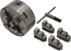 Bison - 4 Jaws, 5" Diam, Self Centering Manual Lathe Chuck - Plain Back Mount Spindle, 3,200 Max RPM, 9.921" Through Hole Diam, 0.0008" Axial Runout, 0.0012" Radial Runout, Cast Iron - Americas Industrial Supply