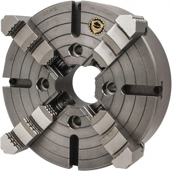 Bison - 4 Jaws, 12" Diam, Independent Manual Lathe Chuck - Plain Back Mount Spindle, Reversible, 1,200 Max RPM, 3.1496" Through Hole Diam, Cast Iron - Americas Industrial Supply