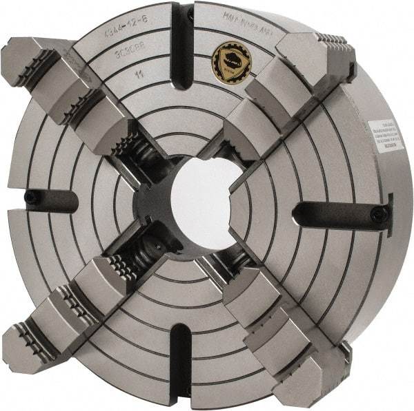 Bison - 4 Jaws, 12" Diam, Independent Manual Lathe Chuck - D1-8 Mount Spindle, Reversible, 3.1496" Through Hole Diam, Cast Iron - Americas Industrial Supply