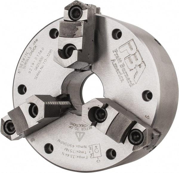 Pratt Burnerd America - 3 Jaws, 6" Diam, Self Centering Manual Lathe Chuck - Plain Back Mount Spindle, Adjustable, Reversible, 4,900 Max RPM, 1.81" Through Hole Diam, Forged Steel - Americas Industrial Supply