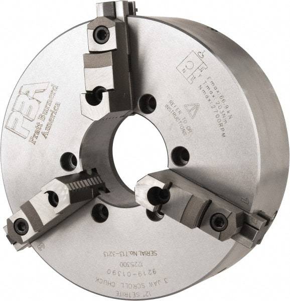 Pratt Burnerd America - 3 Jaws, 12" Diam, Self Centering Manual Lathe Chuck - Plain Back Mount Spindle, Adjustable, Reversible, 2,300 Max RPM, 4.06" Through Hole Diam, Forged Steel - Americas Industrial Supply