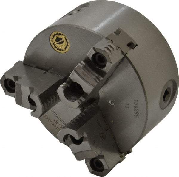 Bison - 3 Jaws, 5" Diam, Self Centering Manual Lathe Chuck - Plain Back Mount Spindle, Reversible, 3,200 Max RPM, 1.2598" Through Hole Diam, 0.0008" Axial Runout, 0.0012" Radial Runout, Cast Iron - Americas Industrial Supply