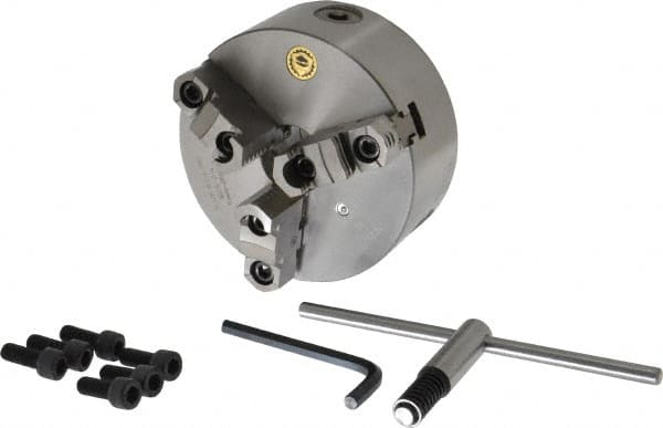 Bison - 3 Jaws, 6" Diam, Self Centering Manual Lathe Chuck - Plain Back Mount Spindle, Reversible, 3,000 Max RPM, 1.6535" Through Hole Diam, 0.0008" Axial Runout, 0.0012" Radial Runout, Cast Iron - Americas Industrial Supply