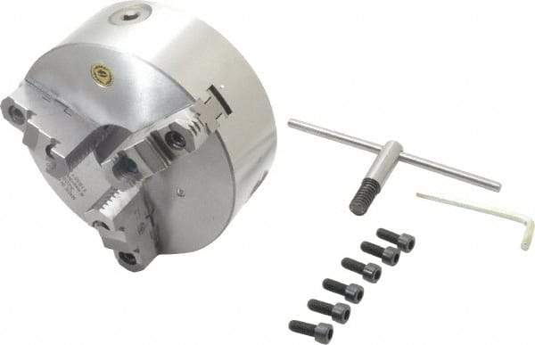 Bison - 3 Jaws, 8" Diam, Self Centering Manual Lathe Chuck - Plain Back Mount Spindle, Reversible, 2,500 Max RPM, 2.1653" Through Hole Diam, 0.001" Axial Runout, 0.0016" Radial Runout, Cast Iron - Americas Industrial Supply