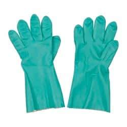 MAPA Professional - Size 2XL (11), 14" Long, 11 mil Thick, Supported, Nitrile Chemical Resistant Gloves - Textured Finish, Knit Lined, Gauntlet Pinked Cuff, Green, FDA Approved - Americas Industrial Supply
