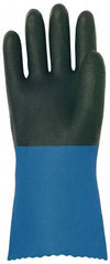 MAPA Professional - Size XL (9), 12" Long, Supported, Neoprene Chemical Resistant Gloves - Textured Finish, Cotton Interlock Knit Lined, Gauntlet Pinked Cuff, Black/Blue - Americas Industrial Supply