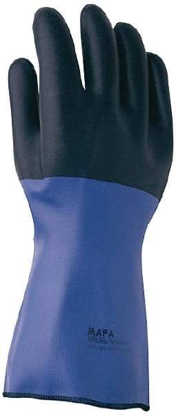 MAPA Professional - Size M (8), 14" Long, Supported, Neoprene Chemical Resistant Gloves - Textured Finish, Cotton Jersey Thermal Lined, Gauntlet Cuff, Black/Blue, FDA Approved - Americas Industrial Supply