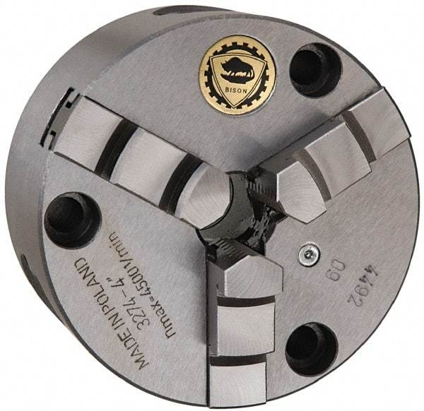 Bison - 3 Jaws, 4" Diam, Self Centering Manual Lathe Chuck - Front Mount, 0.7874" Through Hole Diam, Cast Iron - Americas Industrial Supply