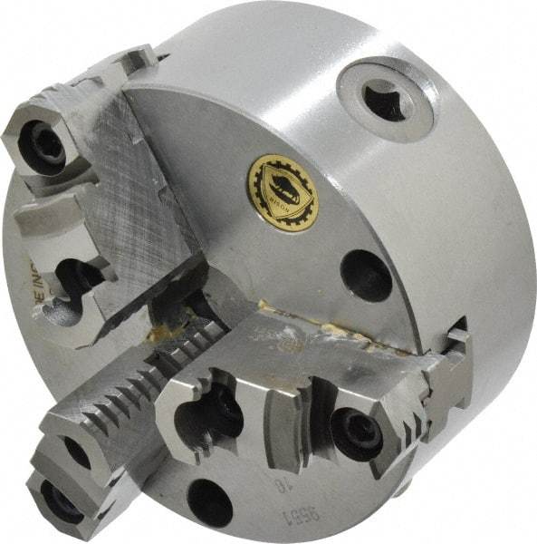 Bison - 3 Jaws, 5" Diam, Self Centering Manual Lathe Chuck - Front Mount, Reversible, 1.2598" Through Hole Diam, Cast Iron - Americas Industrial Supply