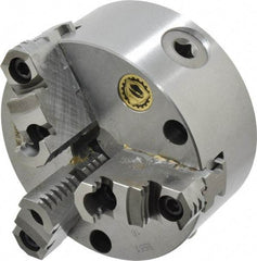 Bison - 3 Jaws, 5" Diam, Self Centering Manual Lathe Chuck - Front Mount, Reversible, 1.2598" Through Hole Diam, Cast Iron - Americas Industrial Supply