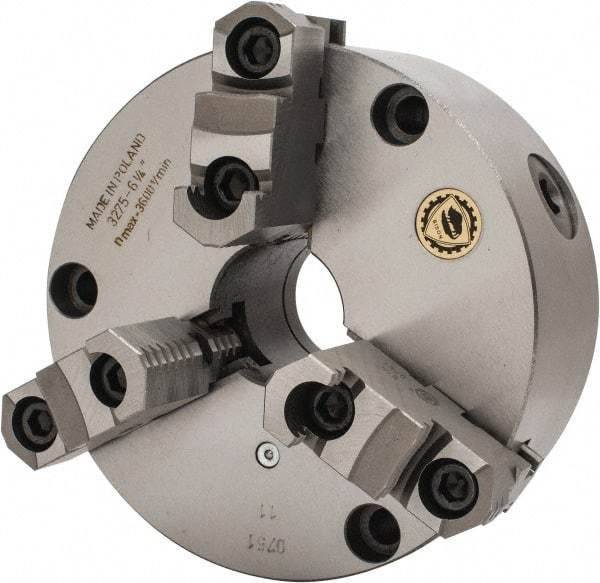 Bison - 3 Jaws, 6" Diam, Self Centering Manual Lathe Chuck - Front Mount, Reversible, 1.6535" Through Hole Diam, Cast Iron - Americas Industrial Supply