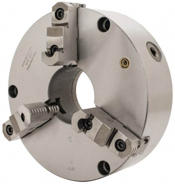 Bison - 3 Jaws, 12" Diam, Self Centering Manual Lathe Chuck - Front Mount, Reversible, 4.0551" Through Hole Diam, Cast Iron - Americas Industrial Supply