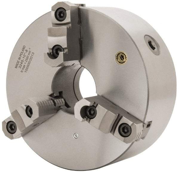 Bison - 3 Jaws, 10" Diam, Self Centering Manual Lathe Chuck - D1-8 Mount Spindle, Reversible, 2,000 Max RPM, 2.9921" Through Hole Diam, 0.001" Axial Runout, 0.0016" Radial Runout, Cast Iron - Americas Industrial Supply
