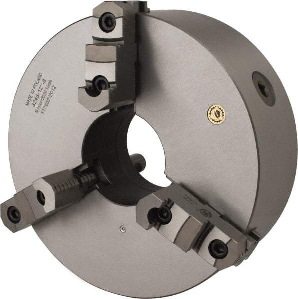 Bison - 3 Jaws, 12" Diam, Self Centering Manual Lathe Chuck - D1-8 Mount Spindle, Reversible, 1,500 Max RPM, 4.0551" Through Hole Diam, 0.0012" Axial Runout, 0.002" Radial Runout, Cast Iron - Americas Industrial Supply