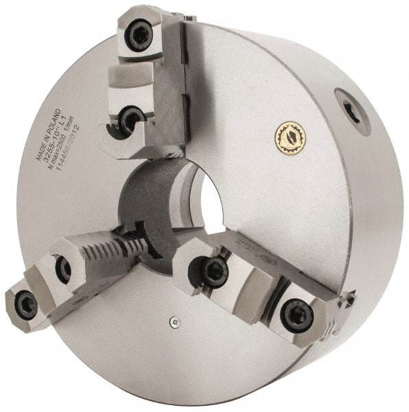 Bison - 3 Jaws, 10" Diam, Self Centering Manual Lathe Chuck - L-1 Mount Spindle, Reversible, 2,000 Max RPM, 2.9921" Through Hole Diam, 0.001" Axial Runout, 0.0016" Radial Runout, Cast Iron - Americas Industrial Supply