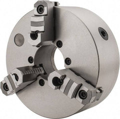 Interstate - 3 Jaws, 10" Diam, Self Centering Manual Lathe Chuck - D1-8 Mount Spindle, Reversible, 2.7559" Through Hole Diam, Cast Iron - Americas Industrial Supply