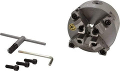Bison - 4 Jaws, 5" Diam, Self Centering Manual Lathe Chuck - Plain Back Mount Spindle, Reversible, 3,200 Max RPM, 1.2598" Through Hole Diam, 0.0012" Axial Runout, 0.0015" Radial Runout, Cast Iron - Americas Industrial Supply