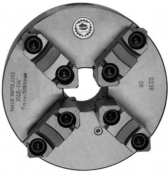 Bison - 4 Jaws, 10" Diam, Self Centering Manual Lathe Chuck - Plain Back Mount Spindle, Reversible, 2,000 Max RPM, 2.9921" Through Hole Diam, 0.0012" Axial Runout, 0.0016" Radial Runout, Cast Iron - Americas Industrial Supply