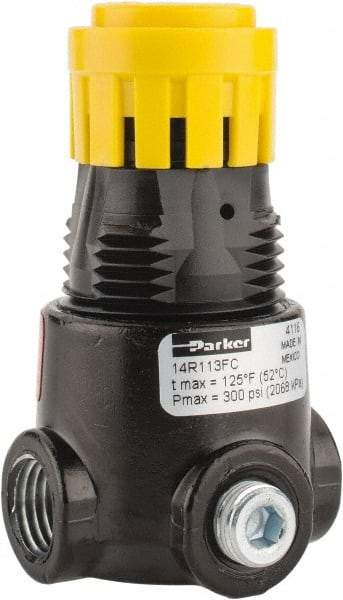 Parker - 1/4 NPT Port, 15 CFM, Zinc Miniature Regulator - 2 to 125 psi Range, 300 Max psi Supply Pressure, 1/8" Gauge Port Thread, 1.65" Wide x 2.88" High - Americas Industrial Supply