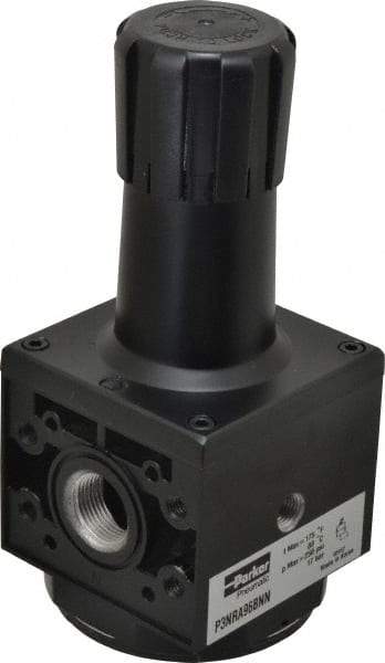 Parker - 3/4 NPT Port, 200 CFM, Aluminum Heavy-Duty Regulator - 2 to 125 psi Range, 250 Max psi Supply Pressure, 1/4" Gauge Port Thread, 3.62" Wide x 8.46" High - Americas Industrial Supply