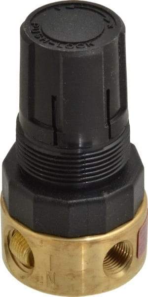 Parker - 1/4 NPT Port, Brass Miniature Regulator - 2 to 125 psi Range, 300 Max psi Supply Pressure, 1/8" Gauge Port Thread, 1-1/2" Wide x 2.87" High - Americas Industrial Supply