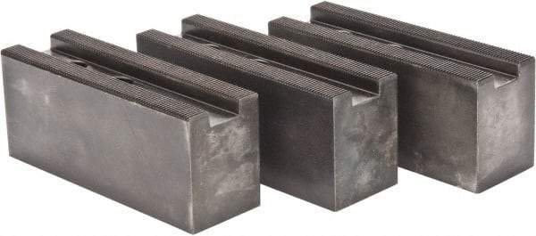 Value Collection - 10 to 11" Chuck Capacity, 1.5mm x 60° Serrated Attachment, Square Soft Lathe Chuck Jaw - 3 Jaws, Steel, 1.1811" Btw Mount Hole Ctrs, 4.33mm Long x 1.574" Wide x 1.574" High, 0.6299" Groove, 12mm Fastener - Americas Industrial Supply