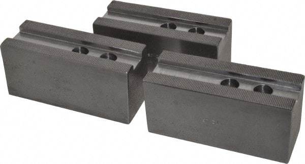 H & R Manufacturing - 12" Chuck Capacity, 1.5mm x 60° Serrated Attachment, Square Soft Lathe Chuck Jaw - 3 Jaws, Steel, 1.181" Btw Mount Hole Ctrs, 5-1/4" Long x 2" Wide x 2-1/2" High, 0.827" Groove, 5/8" & 16mm Fastener - Americas Industrial Supply