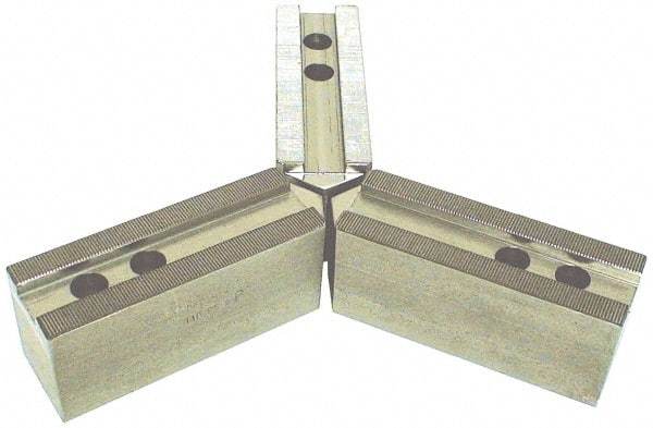 H & R Manufacturing - 24" Chuck Capacity, 3mm x 60° Serrated Attachment, Square Soft Lathe Chuck Jaw - 3 Jaws, Steel, 3.15" Btw Mount Hole Ctrs, 10" Long x 2-1/2" Wide x 5" High, 0.984" Groove, 20mm Fastener - Americas Industrial Supply