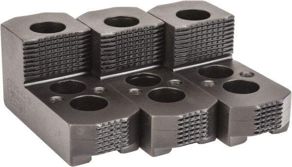 H & R Manufacturing - 12" & Up Chuck Capacity, 1.5mm x 60° Serrated Attachment, Square Soft Lathe Chuck Jaw - 3 Jaws, Steel, 1.181" Btw Mount Hole Ctrs, 6-1/4" Long x 2" Wide x 5" High, 0.827" Groove, 5/8" & 16mm Fastener - Americas Industrial Supply
