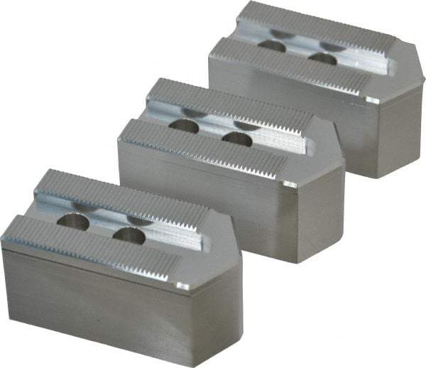 Masterman & Kovil - 6" Chuck Capacity, 1.5mm x 60° Serrated Attachment, Square Soft Lathe Chuck Jaw - 3 Jaws, Aluminum, 0.787" Btw Mount Hole Ctrs, 3mm Long x 1-1/2" Wide x 1-1/2" High, 0.473" Groove, 10mm Fastener - Americas Industrial Supply