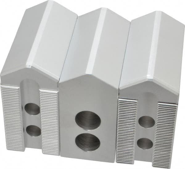 Masterman & Kovil - 6" Chuck Capacity, 1.5mm x 60° Serrated Attachment, Square Soft Lathe Chuck Jaw - 3 Jaws, Aluminum, 0.787" Btw Mount Hole Ctrs, 3mm Long x 1-1/2" Wide x 3" High, 0.473" Groove, 10mm Fastener - Americas Industrial Supply