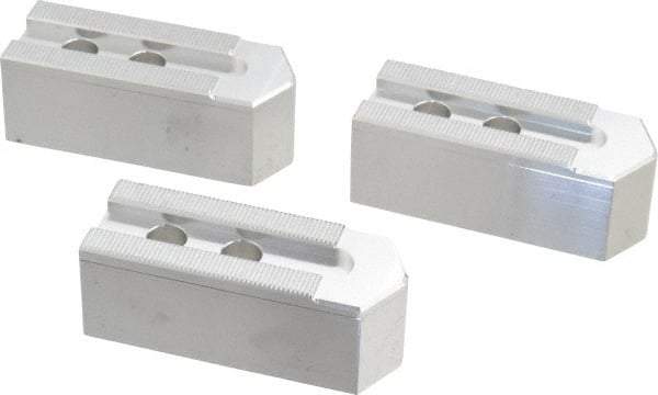 Masterman & Kovil - 8" Chuck Capacity, 1.5mm x 60° Serrated Attachment, Square Soft Lathe Chuck Jaw - 3 Jaws, Aluminum, 0.984" Btw Mount Hole Ctrs, 4mm Long x 1-1/2" Wide x 1-1/2" High, 0.551" Groove, 12mm Fastener - Americas Industrial Supply