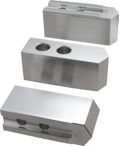 Masterman & Kovil - 10" Chuck Capacity, 1.5mm x 60° Serrated Attachment, Square Soft Lathe Chuck Jaw - 3 Jaws, Aluminum, 1.181" Btw Mount Hole Ctrs, 4.6mm Long x 1-1/2" Wide x 2" High, 0.63" Groove, 12mm Fastener - Americas Industrial Supply