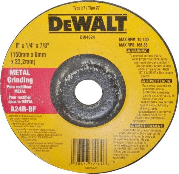 DeWALT - 24 Grit, 6" Wheel Diam, 1/4" Wheel Thickness, 7/8" Arbor Hole, Type 27 Depressed Center Wheel - Aluminum Oxide, R Hardness, 10,100 Max RPM, Compatible with Angle Grinder - Americas Industrial Supply