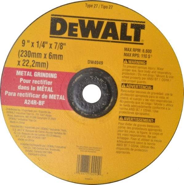 DeWALT - 24 Grit, 9" Wheel Diam, 1/4" Wheel Thickness, 7/8" Arbor Hole, Type 27 Depressed Center Wheel - Aluminum Oxide, R Hardness, 6,600 Max RPM, Compatible with Angle Grinder - Americas Industrial Supply