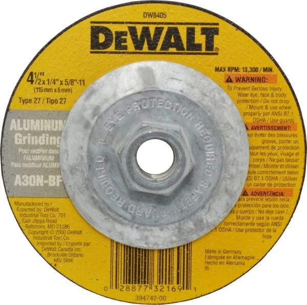 DeWALT - 30 Grit, 4-1/2" Wheel Diam, 1/4" Wheel Thickness, Type 27 Depressed Center Wheel - Aluminum Oxide, N Hardness, 13,300 Max RPM, Compatible with Angle Grinder - Americas Industrial Supply