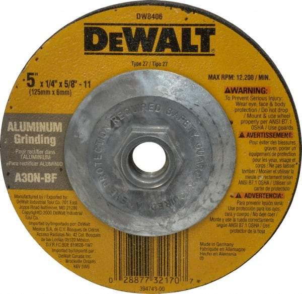 DeWALT - 30 Grit, 5" Wheel Diam, 1/4" Wheel Thickness, Type 27 Depressed Center Wheel - Aluminum Oxide, N Hardness, 12,200 Max RPM, Compatible with Angle Grinder - Americas Industrial Supply