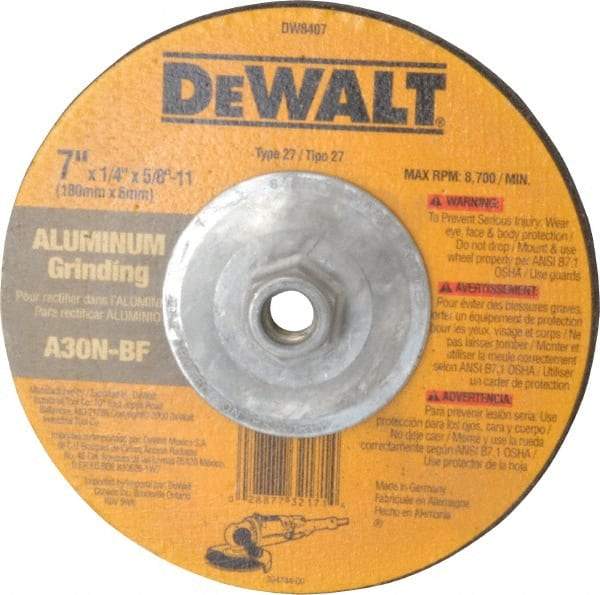 DeWALT - 30 Grit, 7" Wheel Diam, 1/4" Wheel Thickness, Type 27 Depressed Center Wheel - Aluminum Oxide, N Hardness, 8,700 Max RPM, Compatible with Angle Grinder - Americas Industrial Supply
