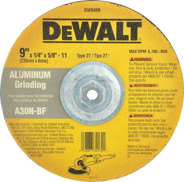 DeWALT - 30 Grit, 9" Wheel Diam, 1/4" Wheel Thickness, Type 27 Depressed Center Wheel - Aluminum Oxide, N Hardness, 6,600 Max RPM, Compatible with Angle Grinder - Americas Industrial Supply