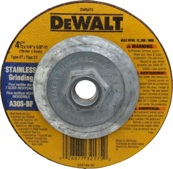 DeWALT - 30 Grit, 4-1/2" Wheel Diam, 1/4" Wheel Thickness, Type 27 Depressed Center Wheel - Aluminum Oxide, S Hardness, 13,300 Max RPM, Compatible with Angle Grinder - Americas Industrial Supply