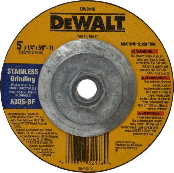 DeWALT - 30 Grit, 5" Wheel Diam, 1/4" Wheel Thickness, Type 27 Depressed Center Wheel - Aluminum Oxide, S Hardness, 12,200 Max RPM, Compatible with Angle Grinder - Americas Industrial Supply