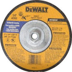 DeWALT - 30 Grit, 7" Wheel Diam, 1/4" Wheel Thickness, Type 27 Depressed Center Wheel - Aluminum Oxide, S Hardness, 8,700 Max RPM, Compatible with Angle Grinder - Americas Industrial Supply