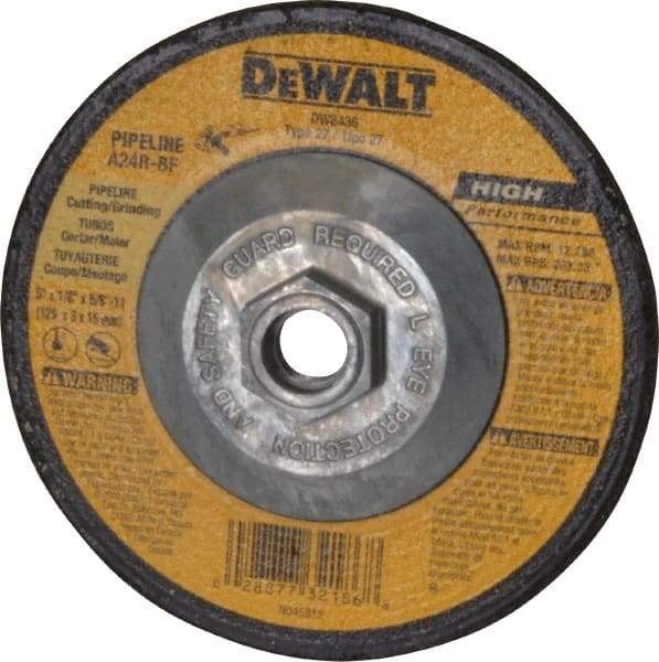 DeWALT - 24 Grit, 5" Wheel Diam, 1/8" Wheel Thickness, Type 27 Depressed Center Wheel - Aluminum Oxide, R Hardness, 12,200 Max RPM, Compatible with Angle Grinder - Americas Industrial Supply